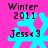 Pixelated cyan snowflake on bright pink background with black text "Winter 2011" and "Jess<3" overlaid.
