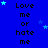 Blue background with repeated text "Love me or hate me" in black, scattered light blue stars.
