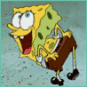 Yellow sponge character with green spots, brown shorts, white gloves, black shoes, and blue eyes in four sequential poses showing mouth opening/closing and tongue movement.