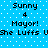 Pixelated blue background with white dots and black text reading 'Sunny 4 Mayor! She Luffs U' in two identical horizontal sections.