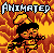 Pixel art character with black hair and yellow outfit performs a looping animation against fiery background, each frame showing sequential movement.