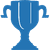 Blue trophy cup with two side handles and vertical light reflections on its surface, set against a gray background.