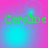 Green pixelated text 'Caroline' on a pink-to-cyan gradient background with subtle circular light effects.