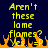 Yellow pixelated text on dark blue background with orange flames at bottom, displaying 'Aren't these lame flames? Yes.'