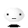 Pixelated white circular character with black square eyes and horizontal mouth, positioned above black pixel shapes on gray background.