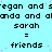 A static image with repeated text on a light blue background, showing 'sarah' followed by '=' and 'friends', with partial names above.
