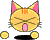 A 4-frame animated contact sheet of a pixelated orange cat with pink ears and mouth, showing slight variations in the position of two yellow circular objects near its feet against a gray background.