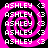 A static image of a pink and black spiral pattern with repeated white text "ASHLEY" and heart symbols