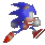 Pixelated blue hedgehog with red shoes and white gloves running, showing motion blur on limbs against light gray background.