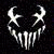 Static pixelated icon of a white stylized face with curved horns and vertical lines on black background, resembling a cartoonish mask or logo.