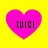 Four pink heart shapes on a yellow background, each containing the text 'LUICI' in black pixelated font.