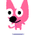 Pink cartoon dog with large white eyes and black pupils, black nose, smiling mouth, standing in various poses