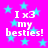 Pixelated text 'I x3 my besties!' in white on a bright pink background with scattered light blue stars.