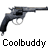 Pixelated static icon of a revolver with text "Coolbuddy" below it on white background.