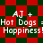 Red and green checkered background with repeated text 'AJ + Hot Dogs :Hot Dogs = Happiness! Happiness!' in white pixelated font.