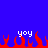 Blue background with red pixelated flames at the bottom and two instances of white text reading 'yoy' above them.