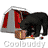 A 4-frame animated contact sheet showing a black bear interacting with a brown bucket under a red-and-gray striped tent, displayed on a gray transparency background.