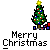 Pixel art of a Christmas tree with a star, a small figure, and 'Merry Christmas' text, with animation changes including a speech bubble and text variations.