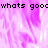 Pixelated text 'whats goo' appears on a pink and white abstract background with a gray rectangular overlay.