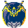 Pixelated circular icon with blue and purple base, yellow decorative border, white accents, and two green-tipped antennae-like protrusions.