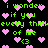 Green pixelated text on black background with pink heart symbols scattered throughout, repeating 'i wonder if you every think of me <3' in a pattern
