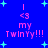 Blue background with cyan plus signs and pink text reading "I <3 my Twinty!!!" repeated in two vertical