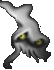 Pixelated character with inverted pose, glowing eyes changing from yellow to red
