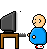 Pixel art animation of a bald character in blue shirt and red shoes interacting with a computer monitor on brown desk.