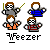 Pixel art of three cartoon figures with brown hair and checkered faces, one holding a green staff, another in blue, and one in red, with 'Weezer' text below.