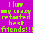 A static image with bright purple background and yellow text reading "i luv my crazy restarted best friends!!!" arranged in a with blue rectangular overlays on some text elements