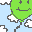 Pixelated green character with smiling face and black limbs stands on white clouds against light blue background.