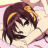 Pixelated anime-style icon of a character with dark brown hair and yellow hair clips, smiling with eyes closed against a light pink background.