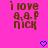 Pixelated brown text on bright pink background with two blue heart icons below, showing slight animation in the rightmost icon's outline.