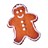 Pixelated gingerbread man icon with brown body, white icing details on face and limbs, smiling expression, static image against plain background.
