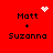 Red background displays four identical 'Matt + Suzanna' text arrangements with animated heart and starburst effects above the top-left and top-right pairs.