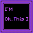 A 3x3 contact sheet of animated frames showing a purple and black pixelated text animation with the phrase "I'M OK. This I Promise" cycling through different states.