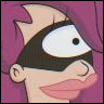 A cartoon character with purple hair, a black mask, and a pinkish face, shown in close-up with a slight smile.