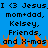 Blue background with black pixelated text listing names and phrases, orange flame-like shapes at the bottom.