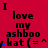 Red background with repeated black text "I love my ashboo kat (= ^)" and blue star symbols in a pattern