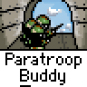 Animated contact sheet of a paratrooper character in pixel art style, showing sequential frames of movement and action against a stone castle backdrop with arched windows.