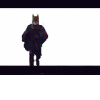 Animated sequence showing a figure in dark cape and mask transitioning through walking, turning, and close-up poses against white background.