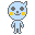 Two pixelated blue figures with gray outlines and yellow cheeks, one standing upright with a neutral expression, the other smiling with a white tooth.