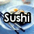 four showing a plate of sushi with chopsticks, overlaid with text reading "Sushi Tastes Good!" in bold white letters on black outlines