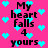 A 4-frame animated contact sheet showing a pink background with cyan hearts and black text repeating 'My heart falls 4 yours' in varying pixelated states across frames.