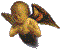 Pixelated angel icon with golden skin and dark brown wings, shown in two poses against gray background.