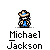Animated contact sheet of 23 pixel art frames showing a cowboy-hatted character in blue and black clothing performing various poses with text "Michael Jackson" below each frame.