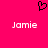 A static image with a bright pink background featuring a black pixelated heart symbol above two identical white pixelated text instances of 'Jamie'.
