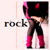 A static image shows a person in a black and pink outfit with pink leg warmers, standing against a light background with the word 'rock' in dark blue text.