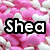 Pink and white heart-shaped background with black-outlined white text reading "Shea Lynn <3 rocks my socks" in two