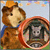 Pixelated cartoon character with brown hair and blue shirt holding a circular object against light background.